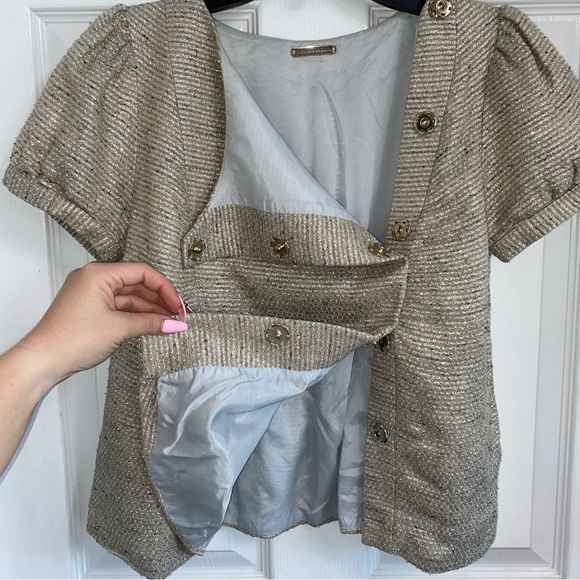 LOEFFLER RANDALL Tan Silver Metallic Puff Short Sleeve Snap Blouse - Picture 8 of 13